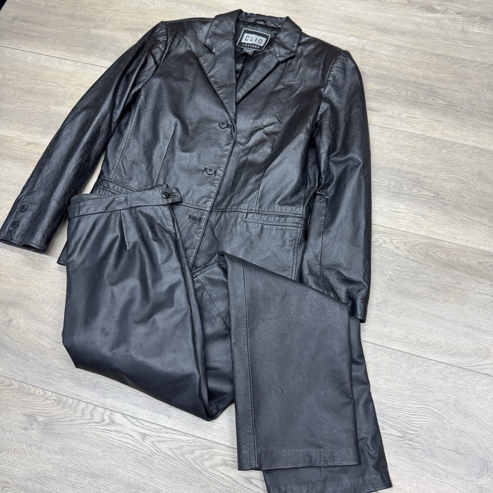 Vintage Clio 80s Leather Blazer Pants Set Womens Jacket Black Chic Biker Size M‎